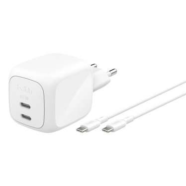 Belkin BoostCharge 67W Dual USB-C PD Wall Charger with PPS + USB-C to USB-C Cable - 2m - White