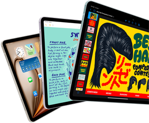 Drie iPad Air-displays waarop features van iPadOS en diverse apps te zien zijn