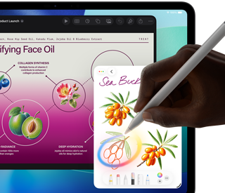 Vooraanzicht van iPad Pro, display met meerdere geopende apps en een achtergrond met kleurverloop van donkerblauw naar groen, een hand die Apple Pencil Pro vasthoudt en een schets omcirkelt met de Apple Intelligence-feature Beeldpenseel