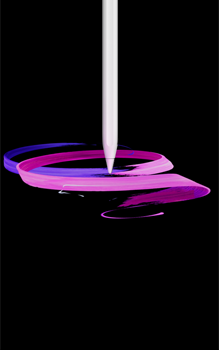 Vooraanzicht van Apple Pencil Pro, verticale stand, zijprofiel, kleur wit, tekening van abstract patroon van paarse en roze linten