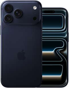 Naast elkaar, iPhone 17 Pro Max, achterkant, Pro-camerasysteem, 3 lenzen, microfoon, flitser, in de kleur Diepblauw, iPhone 17 Pro, voorkant met all-screendesign, in de kleur Diepblauw