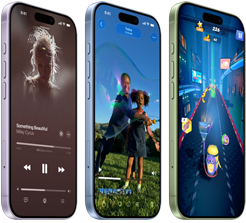 iPhone 17-devices, voorkant, zijkant, met op het scherm Apple Music, videoweergave, game, knoppen: Actieknop, volume