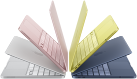 MacBook Neo-laptops in de kleuren Zilver, Blos, Citrus en Indigo, een klein beetje geopend en in een boog gerangschikt
