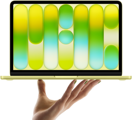MacBook Neo in de kleur Citrus, balancerend op de vingertoppen van een open hand, op het scherm wordt een kleurrijk abstract patroon weergegeven