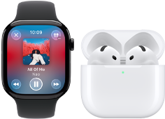 Apple Watch Series 11, kast van titanium, kleur naturel, bandje: rotsgrijs sportbandje, Apple Music-app geopend, gekoppeld met AirPods 4