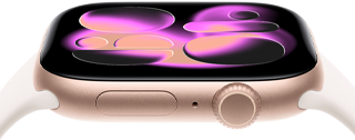 Apple Watch Series 11, kast van roségoudkleurig aluminium, wijzerplaat Responsive Art, rechterkant: Digital Crown, microfoon, zijknop, rosé sportbandje
